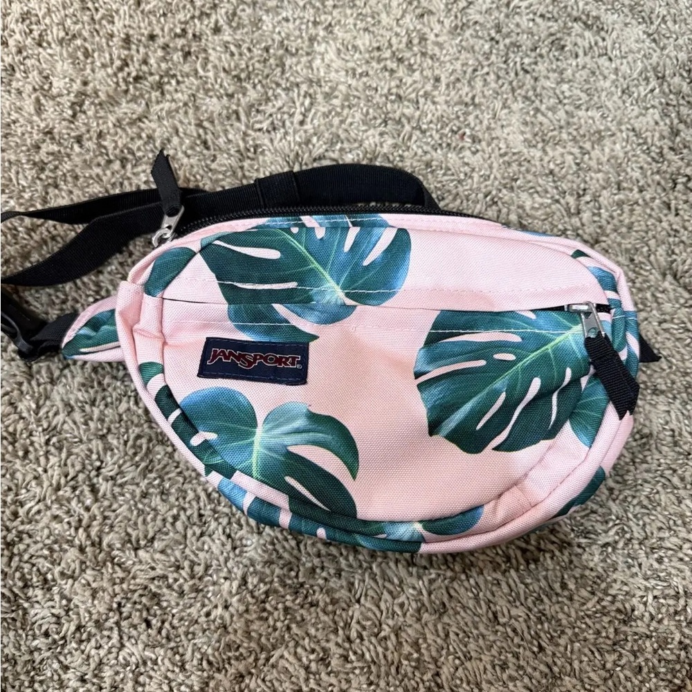 JanSport Pink and Green Leaf Print Backpack